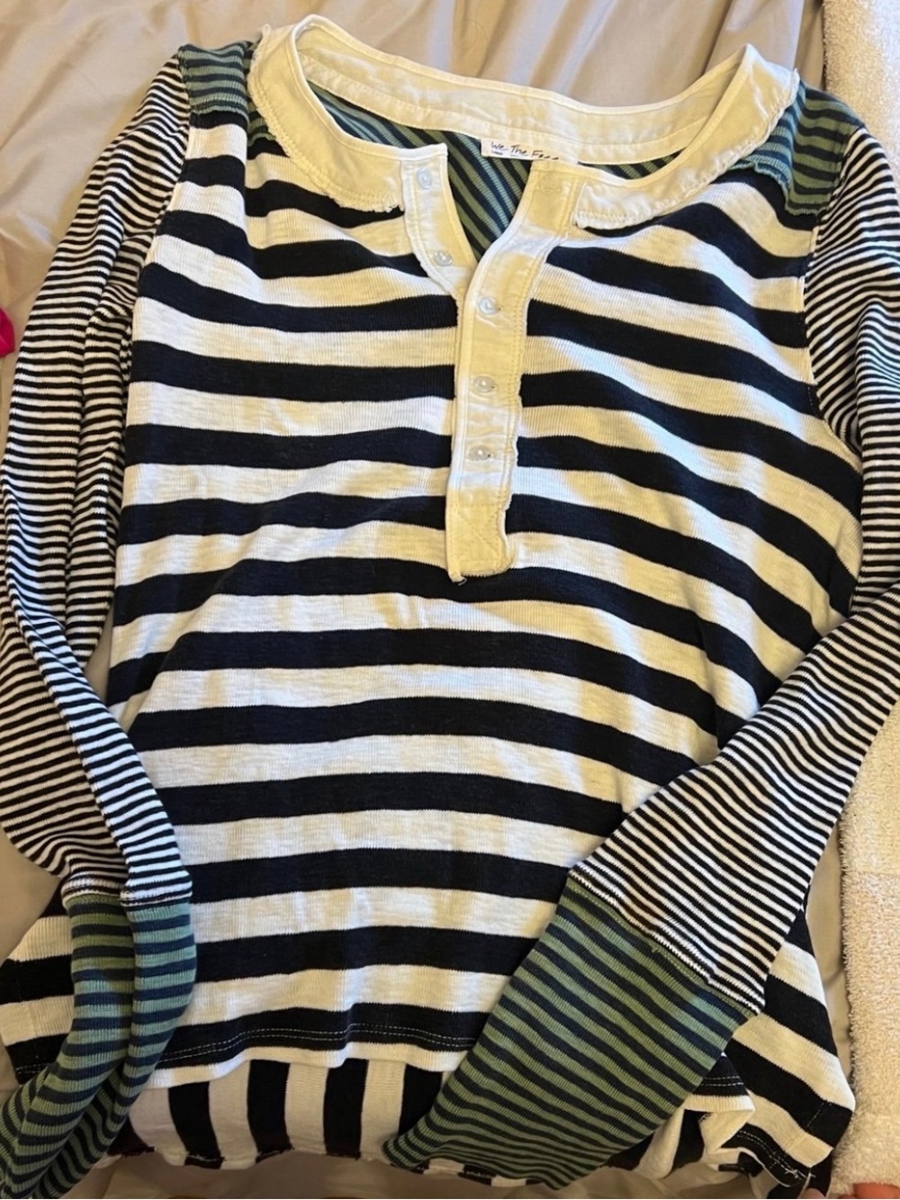 Free People Black and White Striped Mixed-Stripe Henley Long Sleeve Top